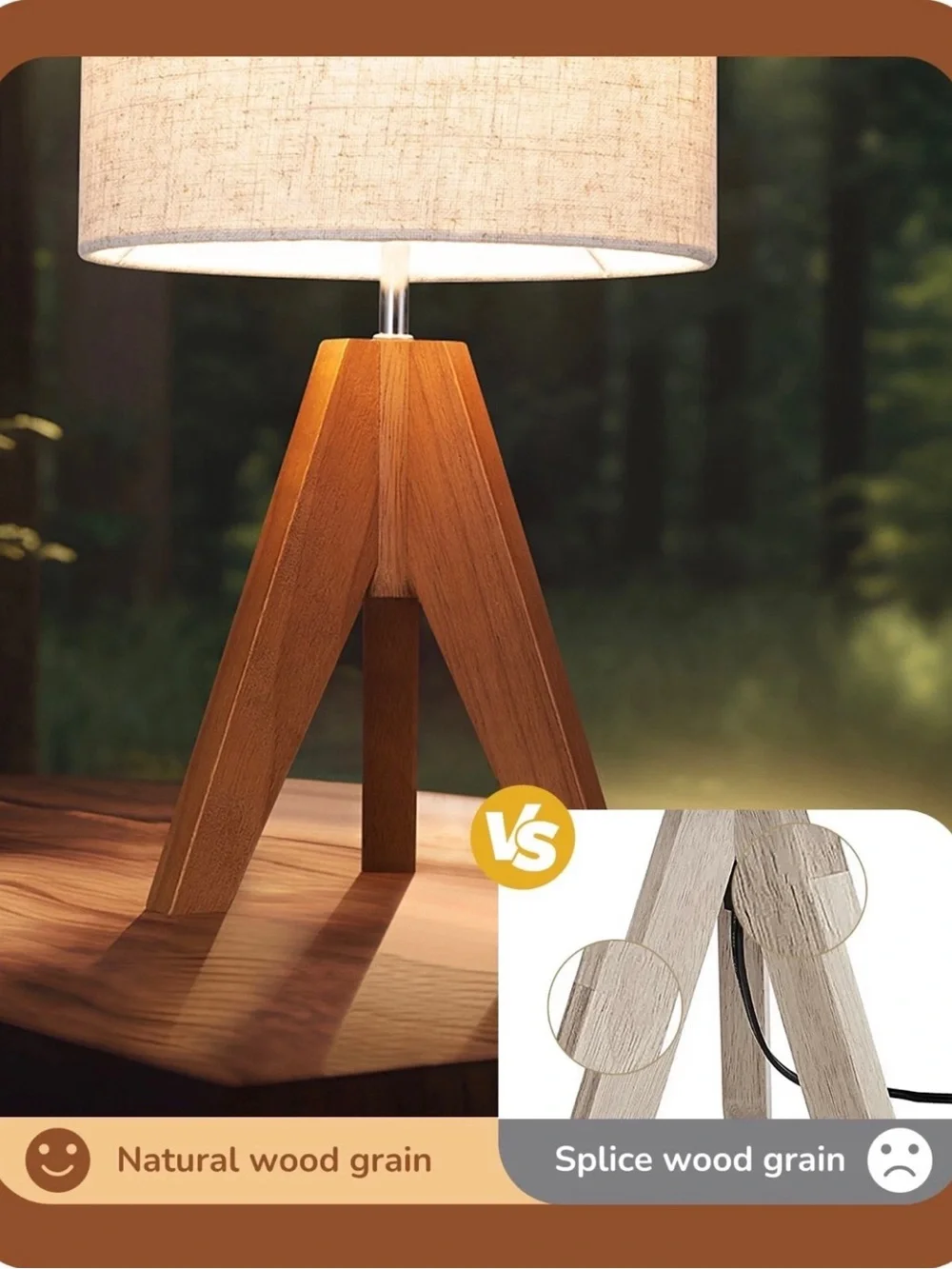 EDISHINE Wood Tripod Small Table Lamp Linen Beige Lampshade, Nightstand Lamp
